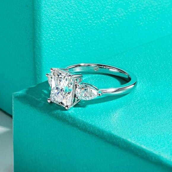 4.008cttw Radiant Cut Moissanite Ring D Color VVS1 925 Silver Side Stone - Picture 4 of 6